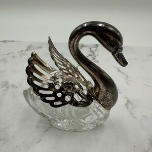 Vintage Salt Cellar Swan Crystal Silver Plated - Marked Italy